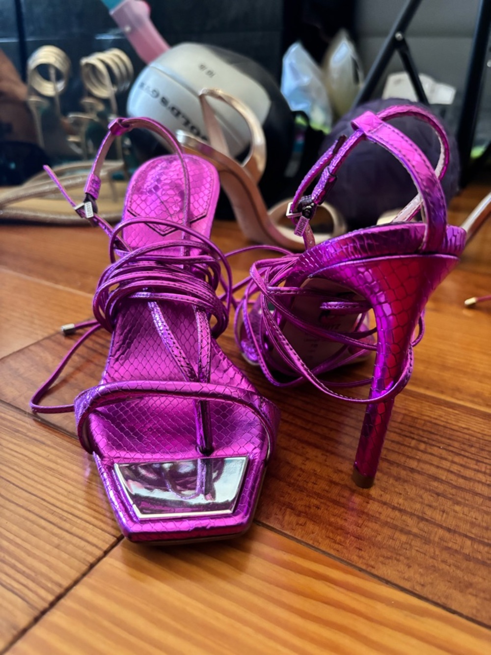 NWOB SCHUTZ Metallic Purple Lace-Up Stiletto Sandal - Picture 7 of 7